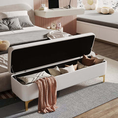 Modern White PU Leather Storage Bench With Gold Metal Legs