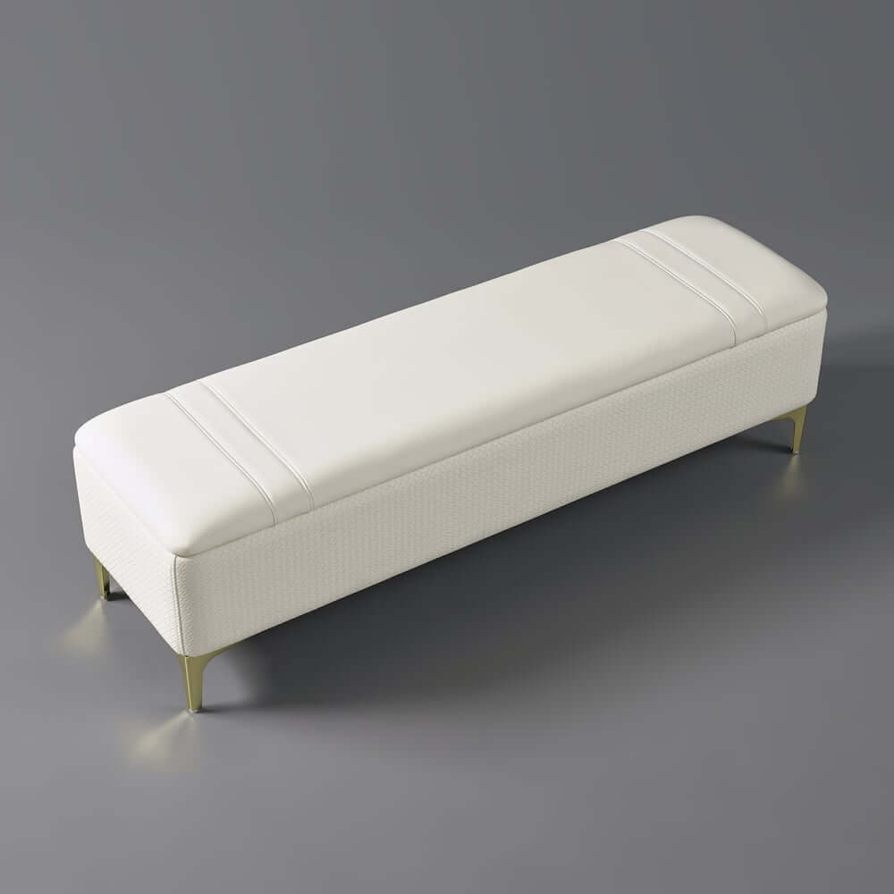 Modern White PU Leather Storage Bench With Gold Metal Legs