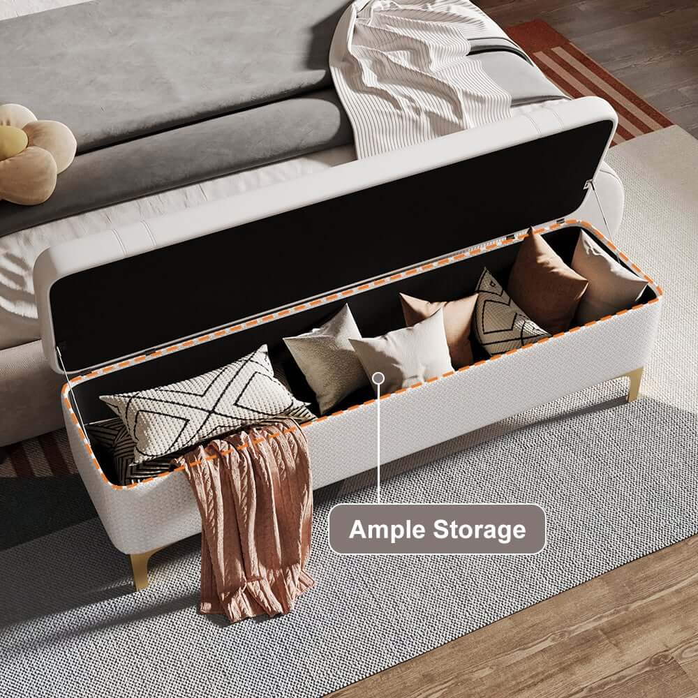 Modern White PU Leather Storage Bench With Gold Metal Legs