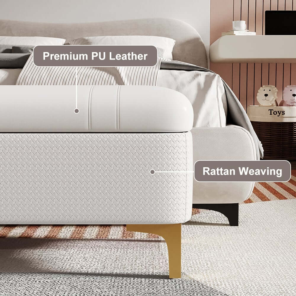 Modern White PU Leather Storage Bench With Gold Metal Legs