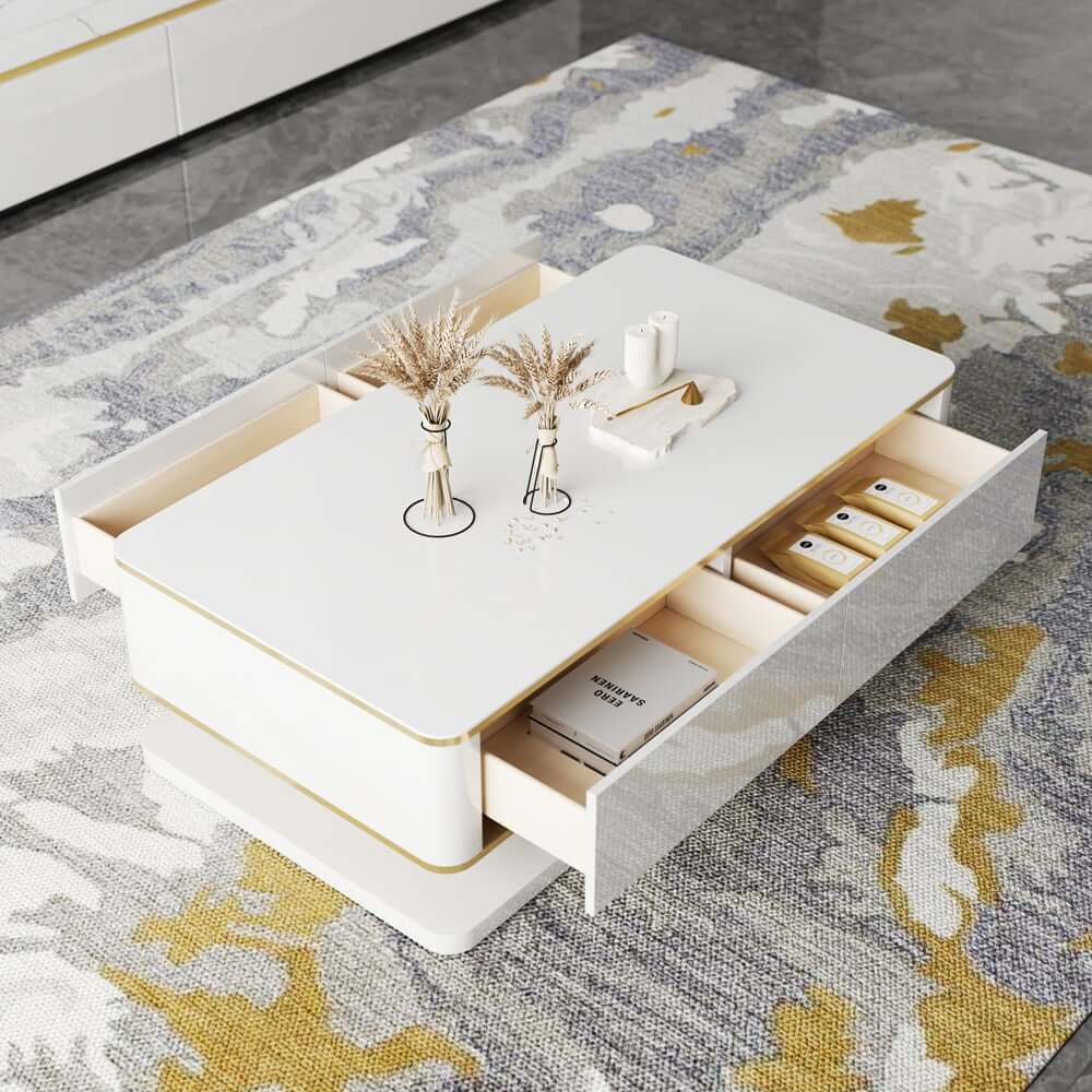 Modern White Rectangle Coffee Table With 4 Drawers