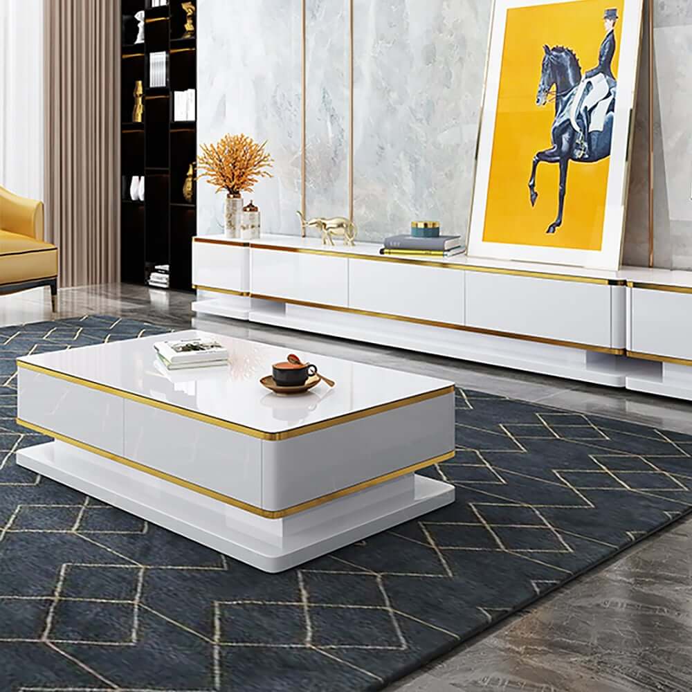 Modern White Rectangle Coffee Table With 4 Drawers