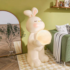 Modern White Resin Animal Sculpture with Moon Lamp, Vertical Floor Decor