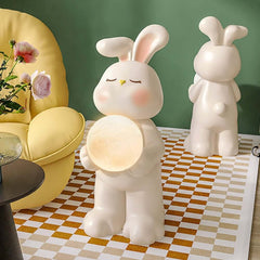 Modern White Resin Animal Sculpture with Moon Lamp, Vertical Floor Decor