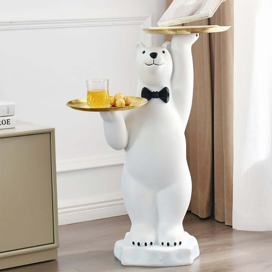 Modern White Resin Bear End Table With Gold Stainless Top