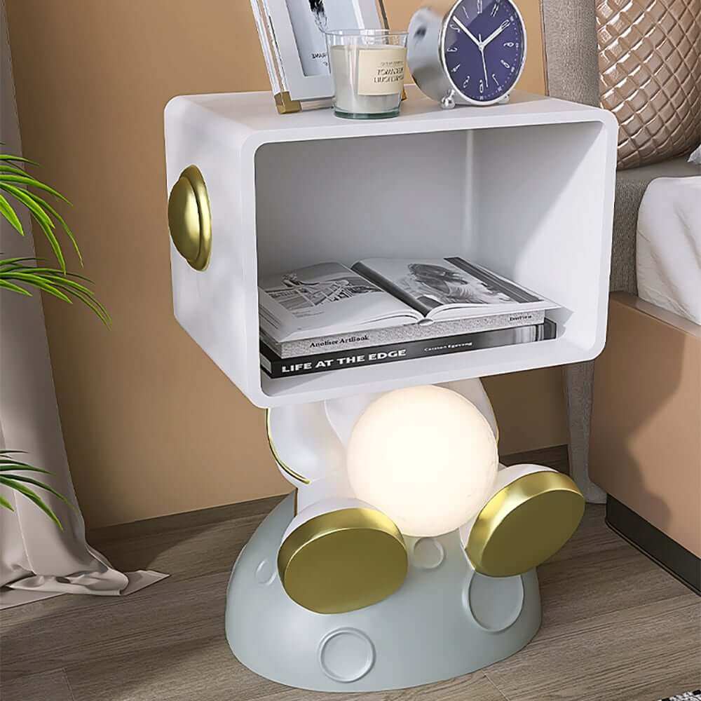 Modern White Resin Nightstand With Shelves And Light