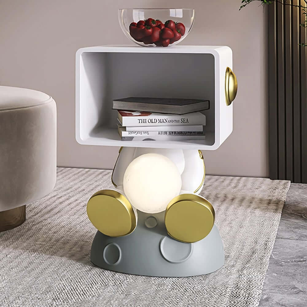 Modern White Resin Nightstand With Shelves And Light