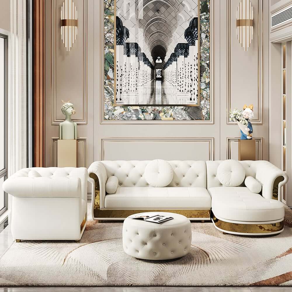 Modern White Sectional Sofa Set With Tufted Back