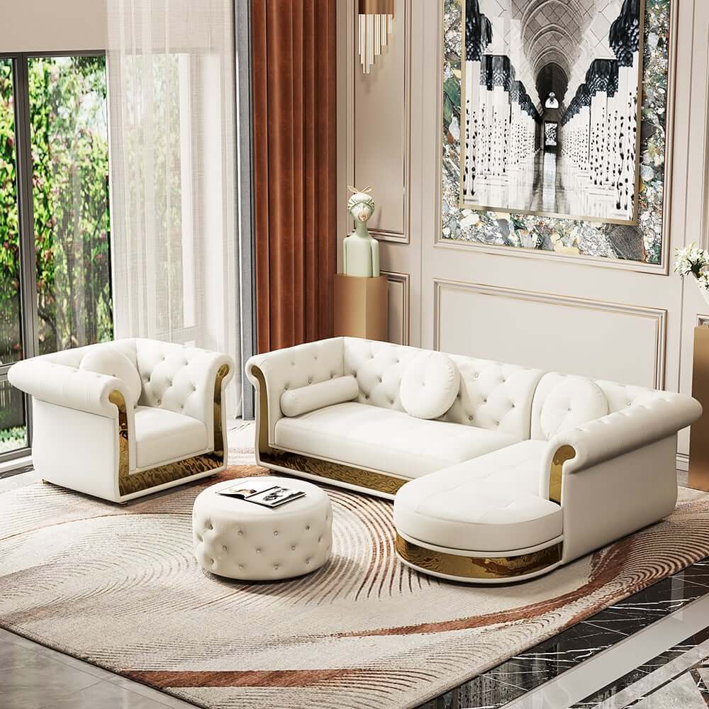 Modern White Sectional Sofa Set With Tufted Back