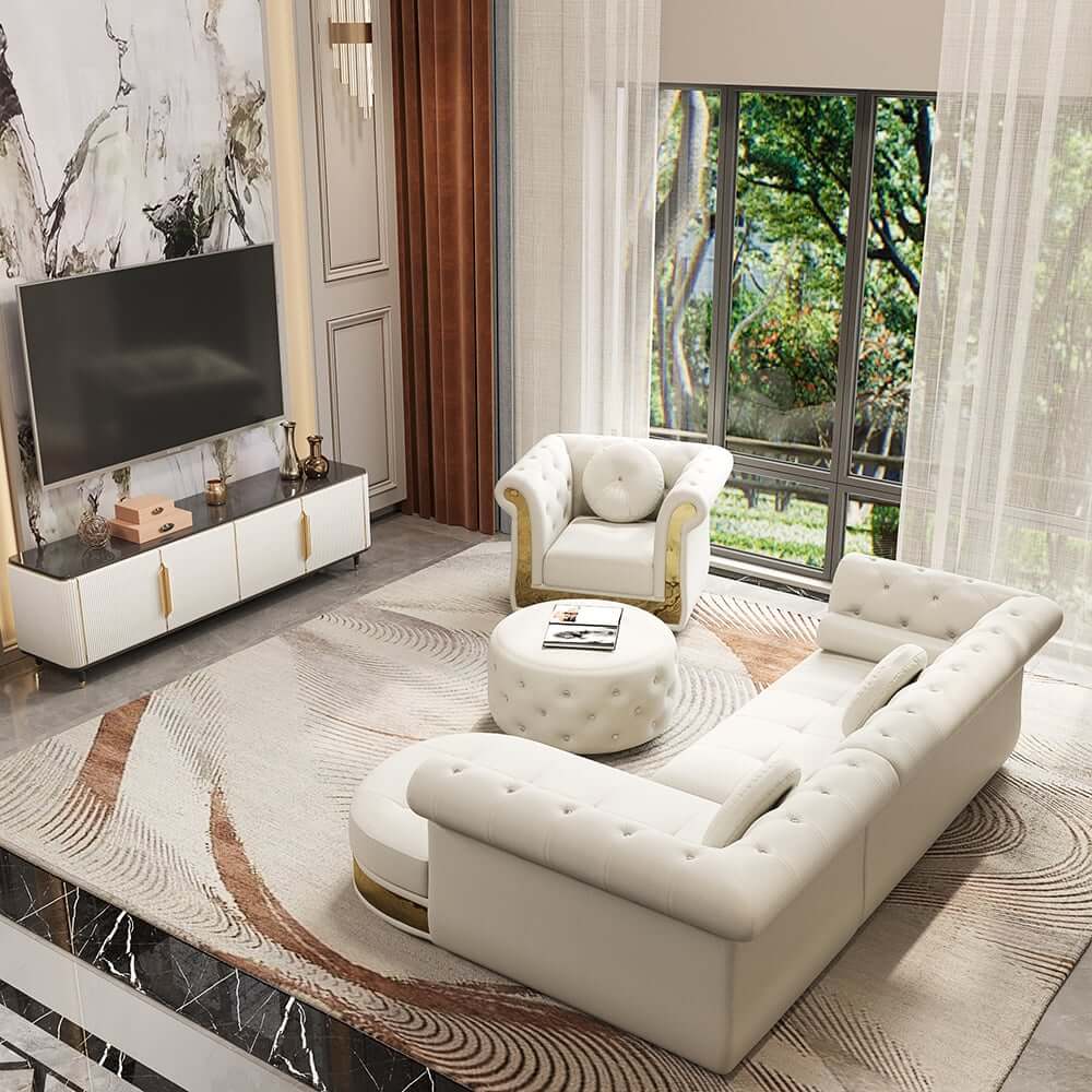 Modern White Sectional Sofa Set With Tufted Back
