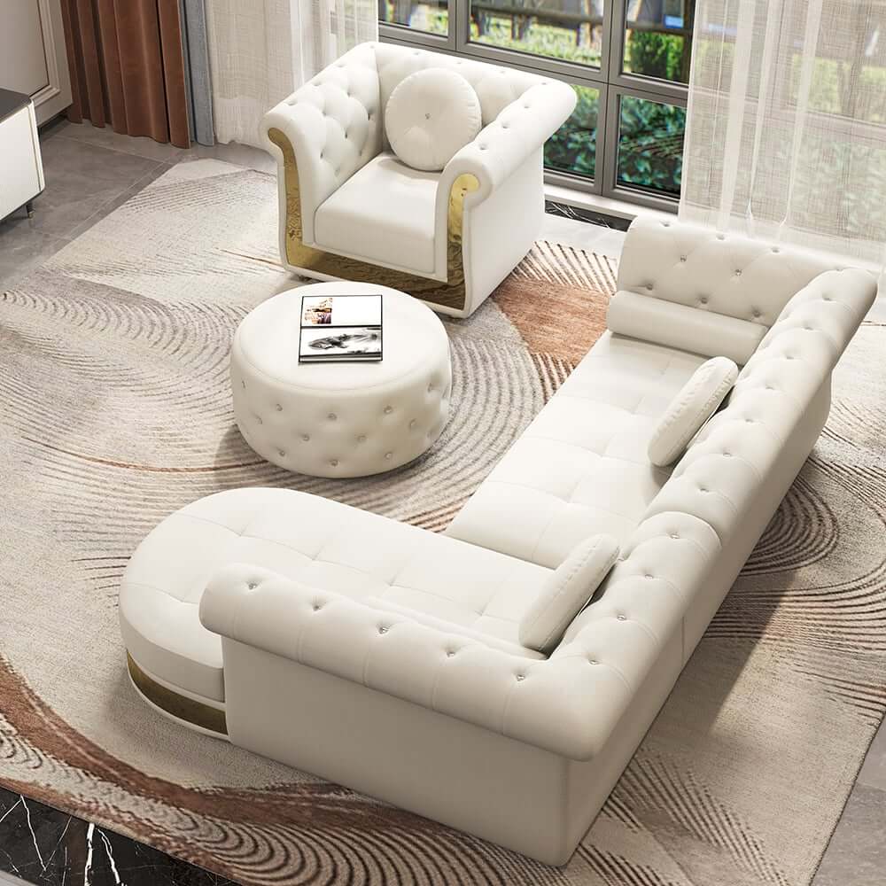 Modern White Sectional Sofa Set With Tufted Back
