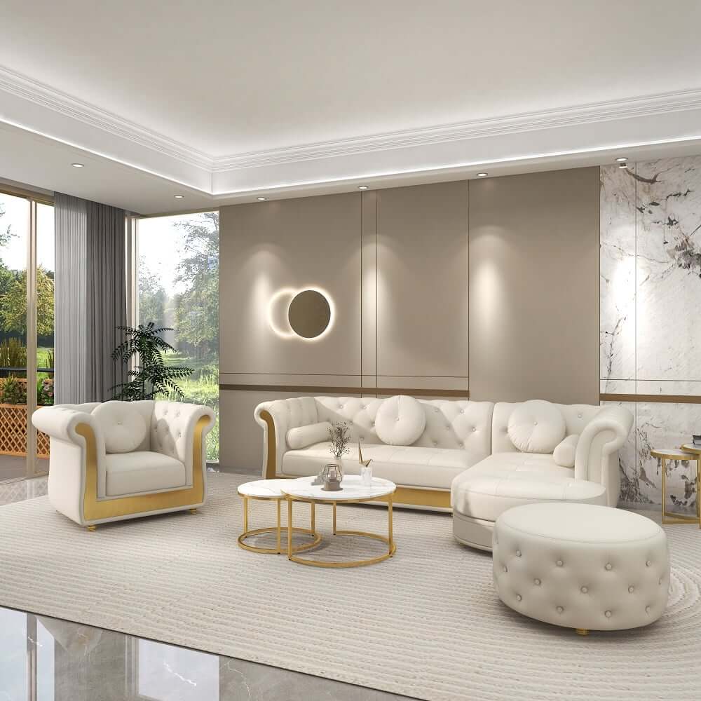Modern White Sectional Sofa Set With Tufted Back