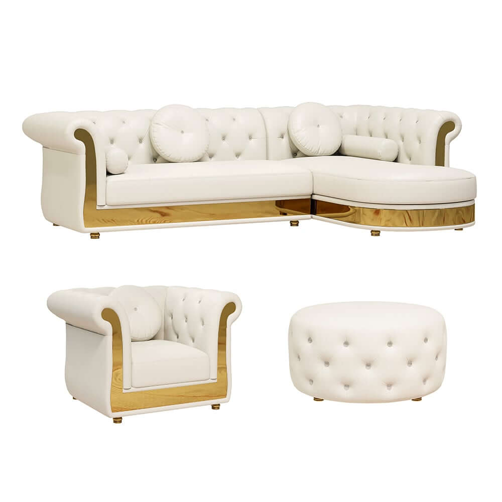 Modern White Sectional Sofa Set With Tufted Back