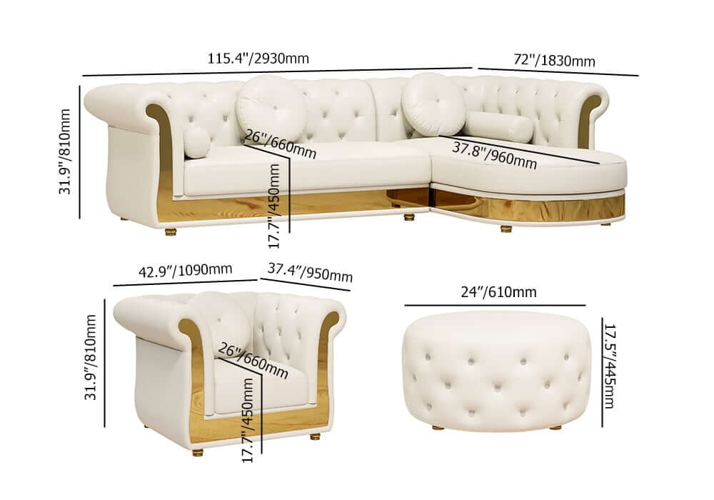 Modern White Sectional Sofa Set With Tufted Back Dimensions