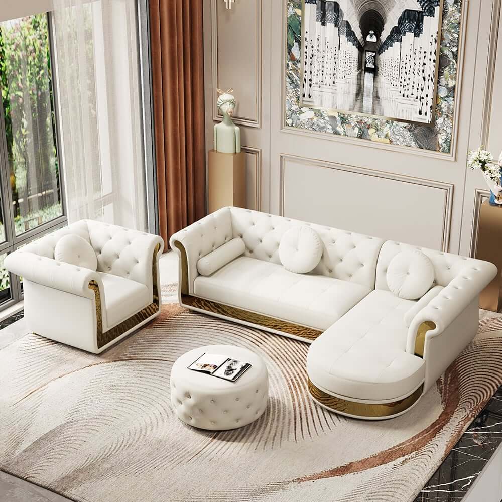 Modern White Sectional Sofa Set With Tufted Back Main Product Image