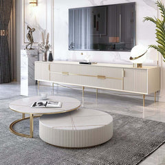 Modern White Sintered Stone Coffee Table Set With Drawer