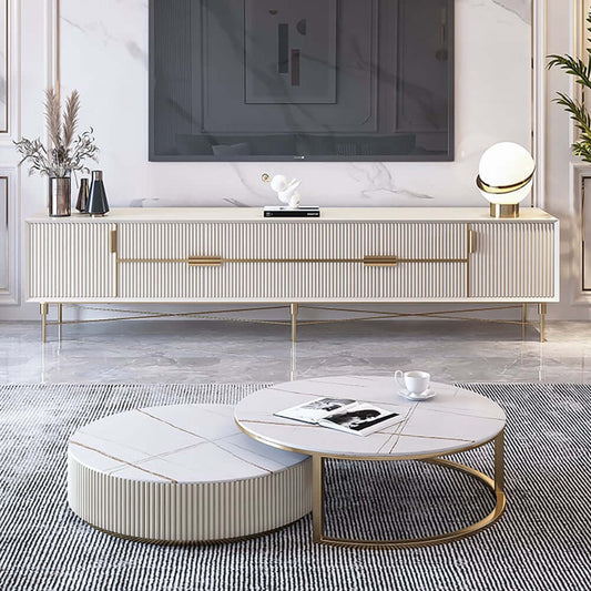 Modern White Sintered Stone Coffee Table Set With Drawer