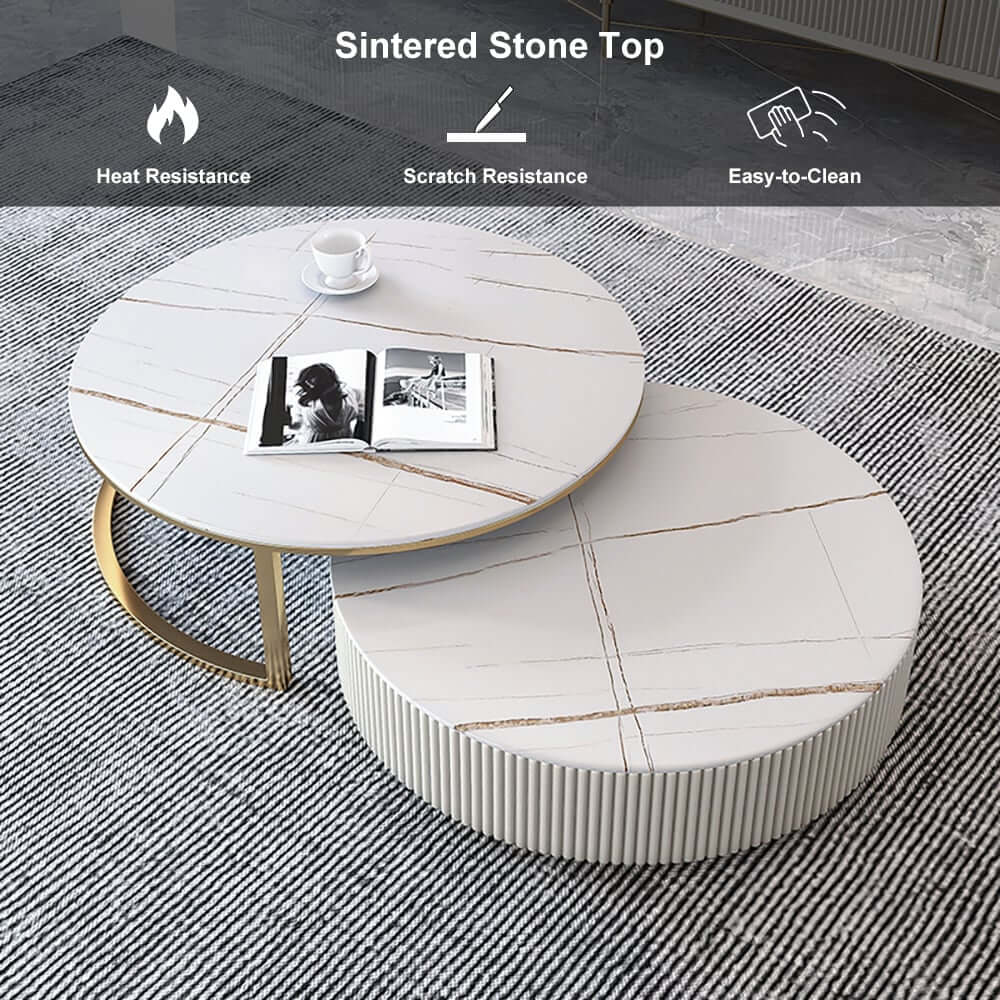 Modern White Sintered Stone Coffee Table Set With Drawer