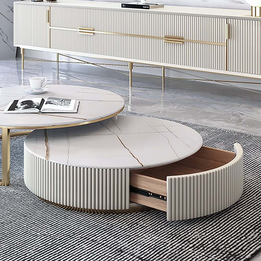 Modern White Sintered Stone Coffee Table Set With Drawer