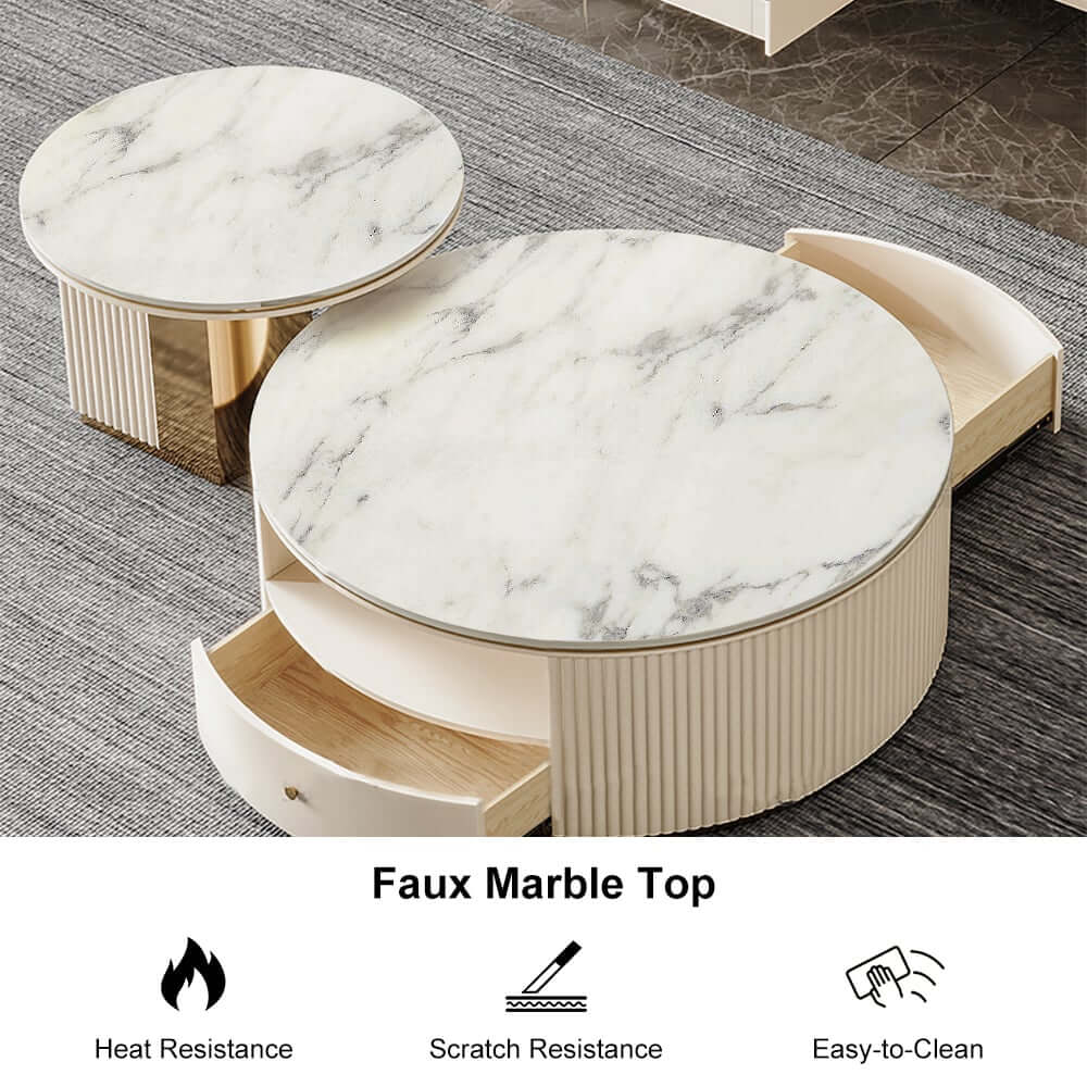 Modern White Sintered Stone Coffee Table Set With Storage