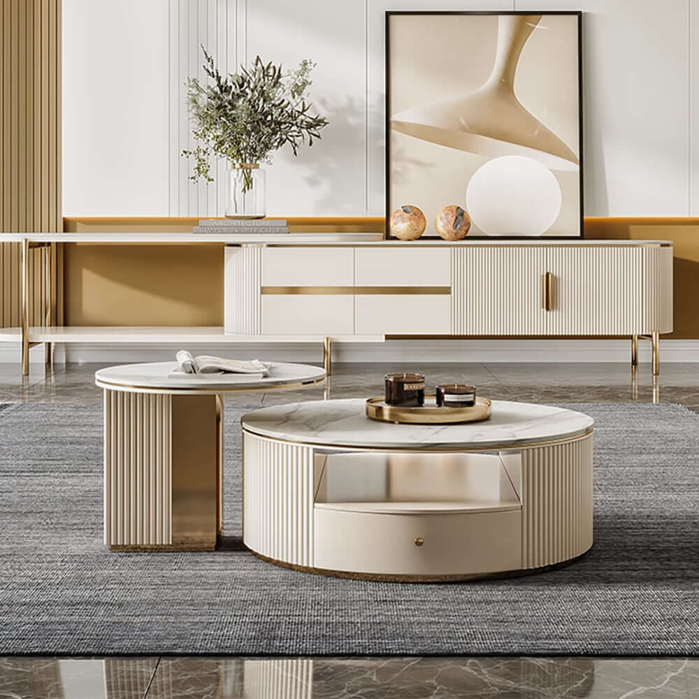Modern White Sintered Stone Coffee Table Set With Storage