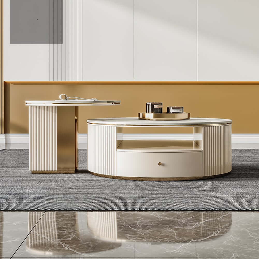Modern White Sintered Stone Coffee Table Set With Storage