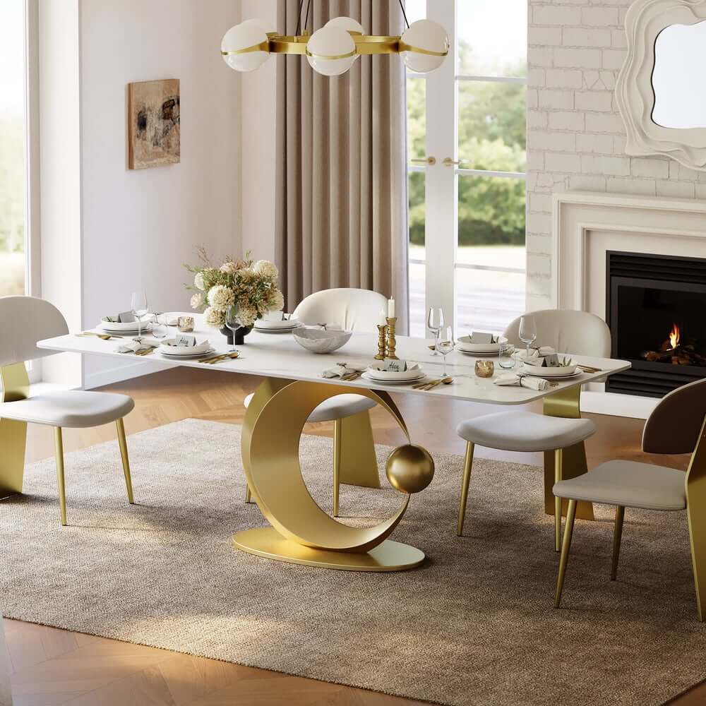 Modern White Sintered Stone Dining Table, Seats 8, Gold Base