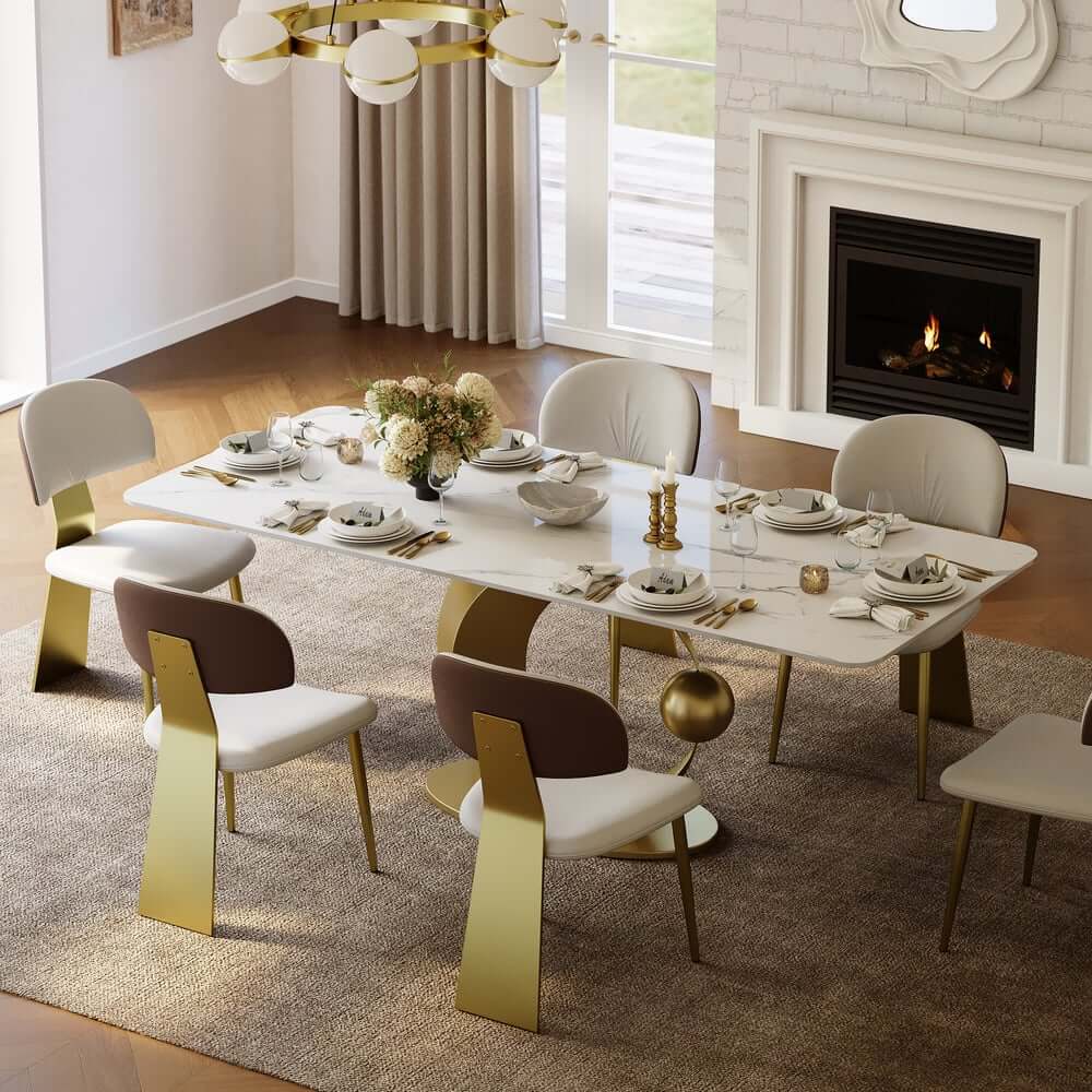 Modern White Sintered Stone Dining Table, Seats 8, Gold Base