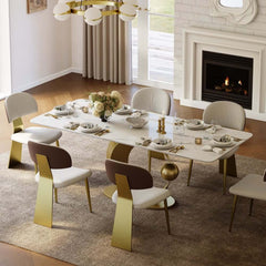Modern White Sintered Stone Dining Table, Seats 8, Gold Base