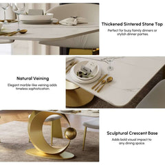 Modern White Sintered Stone Dining Table, Seats 8, Gold Base