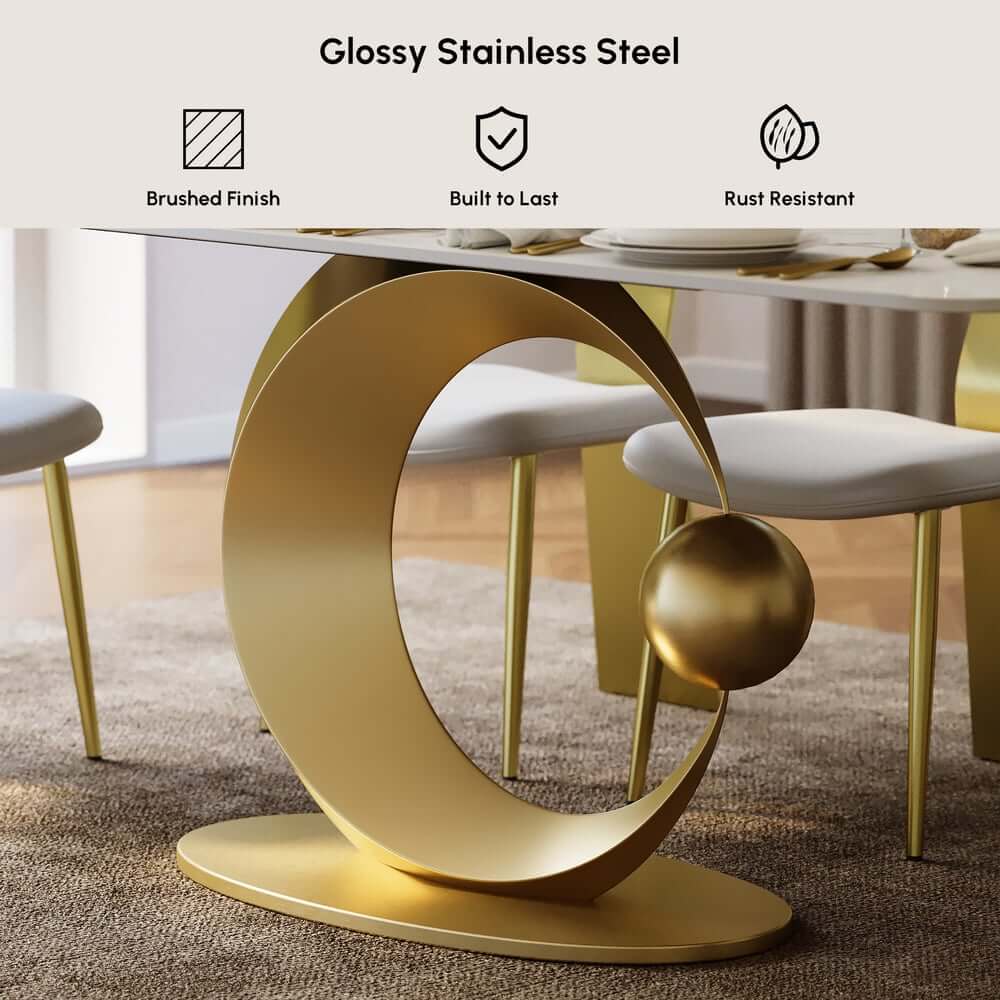 Modern White Sintered Stone Dining Table, Seats 8, Gold Base