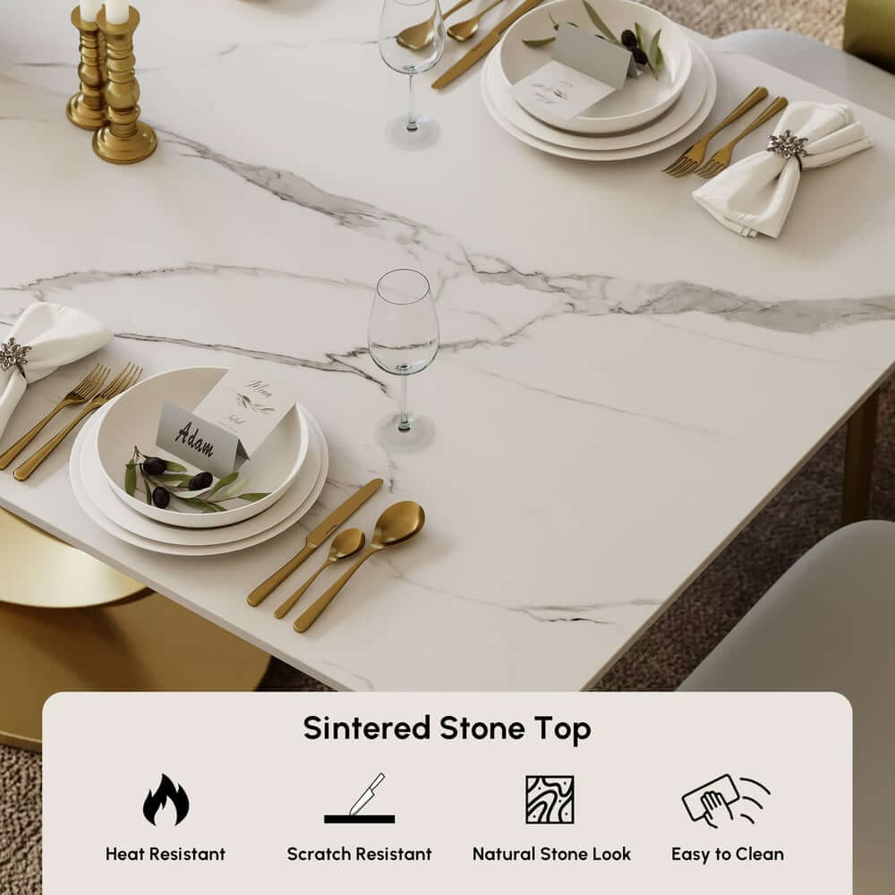 Modern White Sintered Stone Dining Table, Seats 8, Gold Base