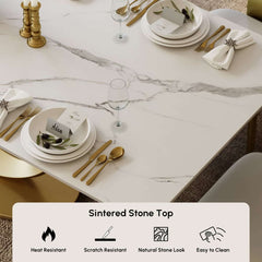 Modern White Sintered Stone Dining Table, Seats 8, Gold Base