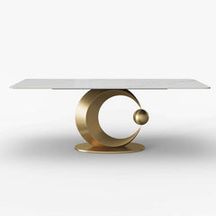Modern White Sintered Stone Dining Table, Seats 8, Gold Base