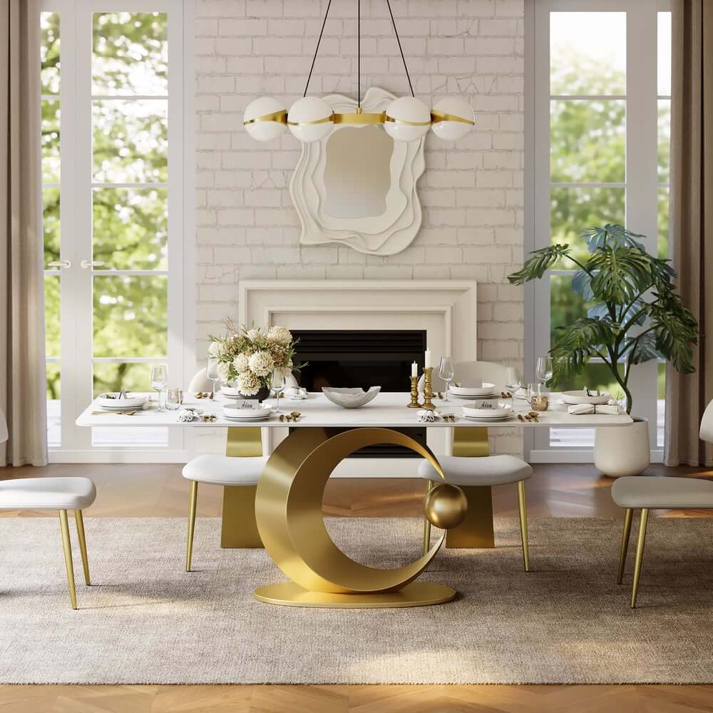 Modern White Sintered Stone Dining Table, Seats 8, Gold Base