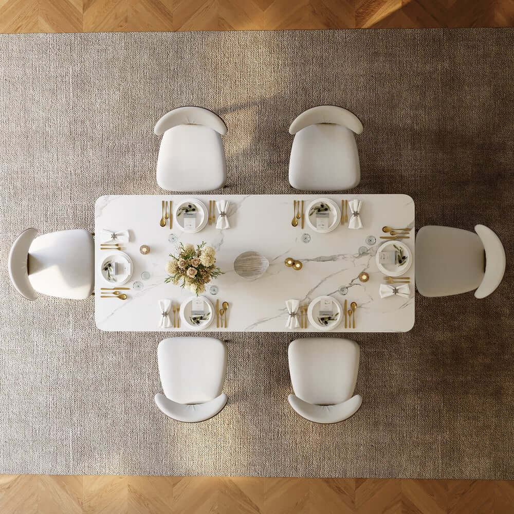 Modern White Sintered Stone Dining Table, Seats 8, Gold Base