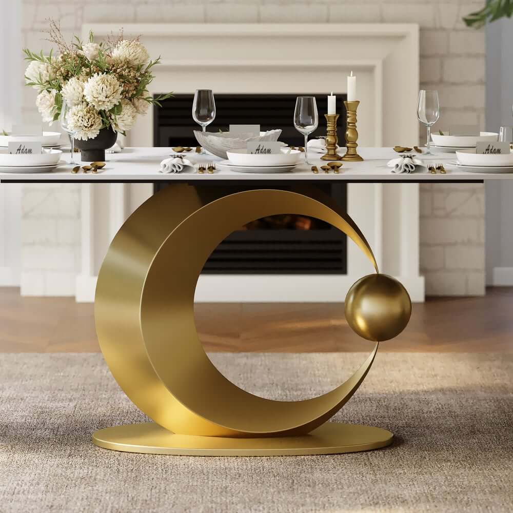 Modern White Sintered Stone Dining Table, Seats 8, Gold Base