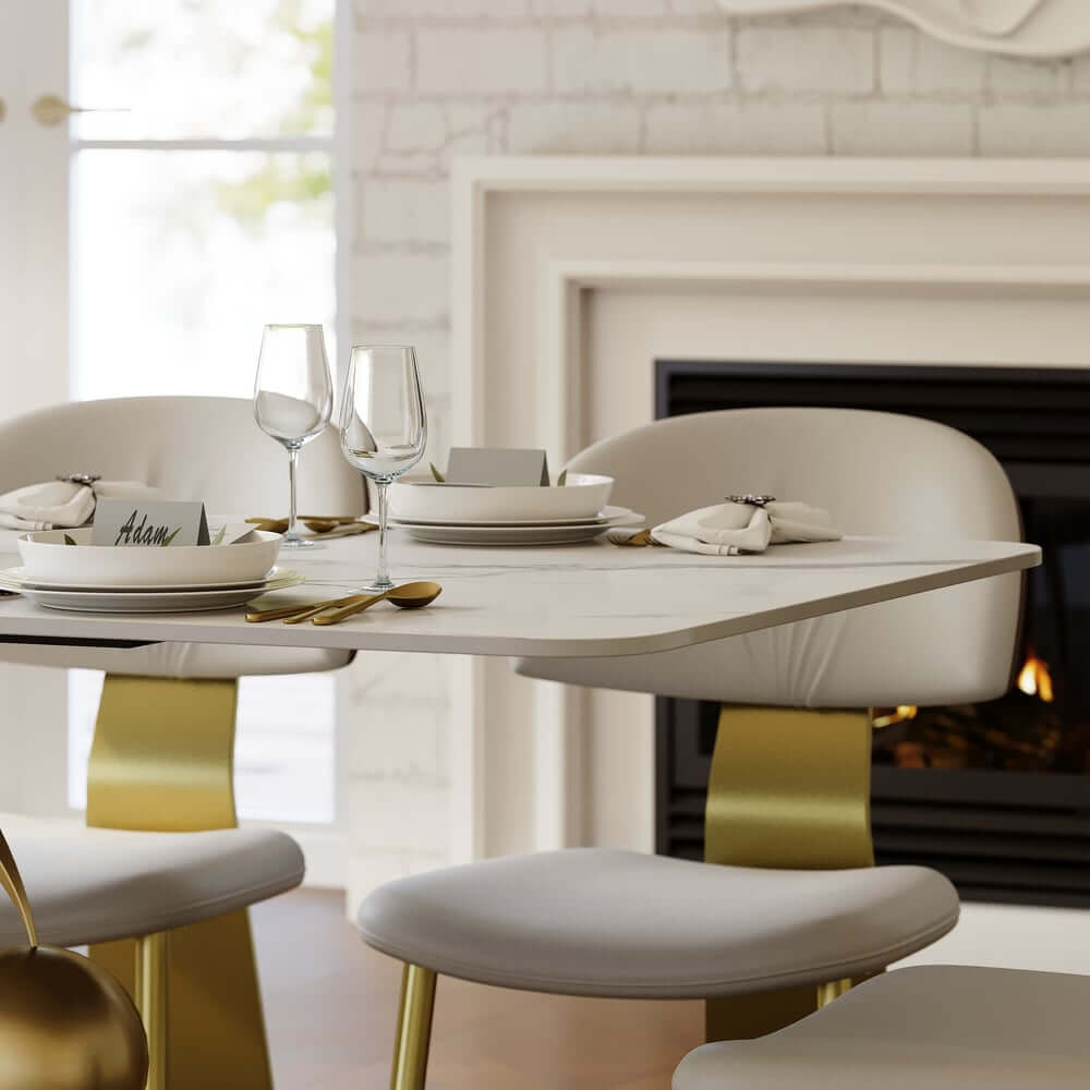 Modern White Sintered Stone Dining Table, Seats 8, Gold Base
