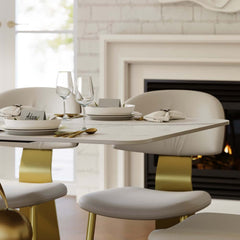 Modern White Sintered Stone Dining Table, Seats 8, Gold Base