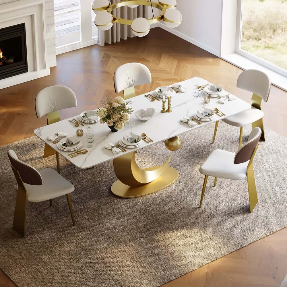 Modern White Sintered Stone Dining Table, Seats 8, Gold Base Main Product Image