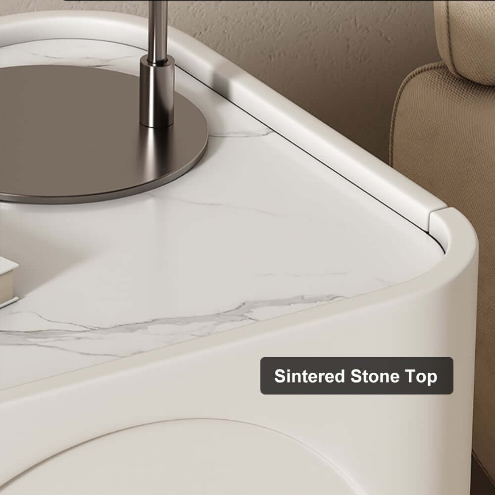 Modern White Sintered Stone Nightstand With Wireless Charging