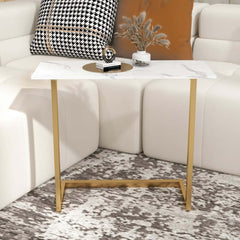 Modern White Sintered Stone Side Table With Gold Metal Base