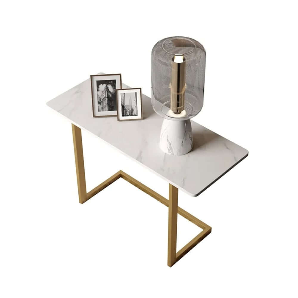 Modern White Sintered Stone Side Table With Gold Metal Base