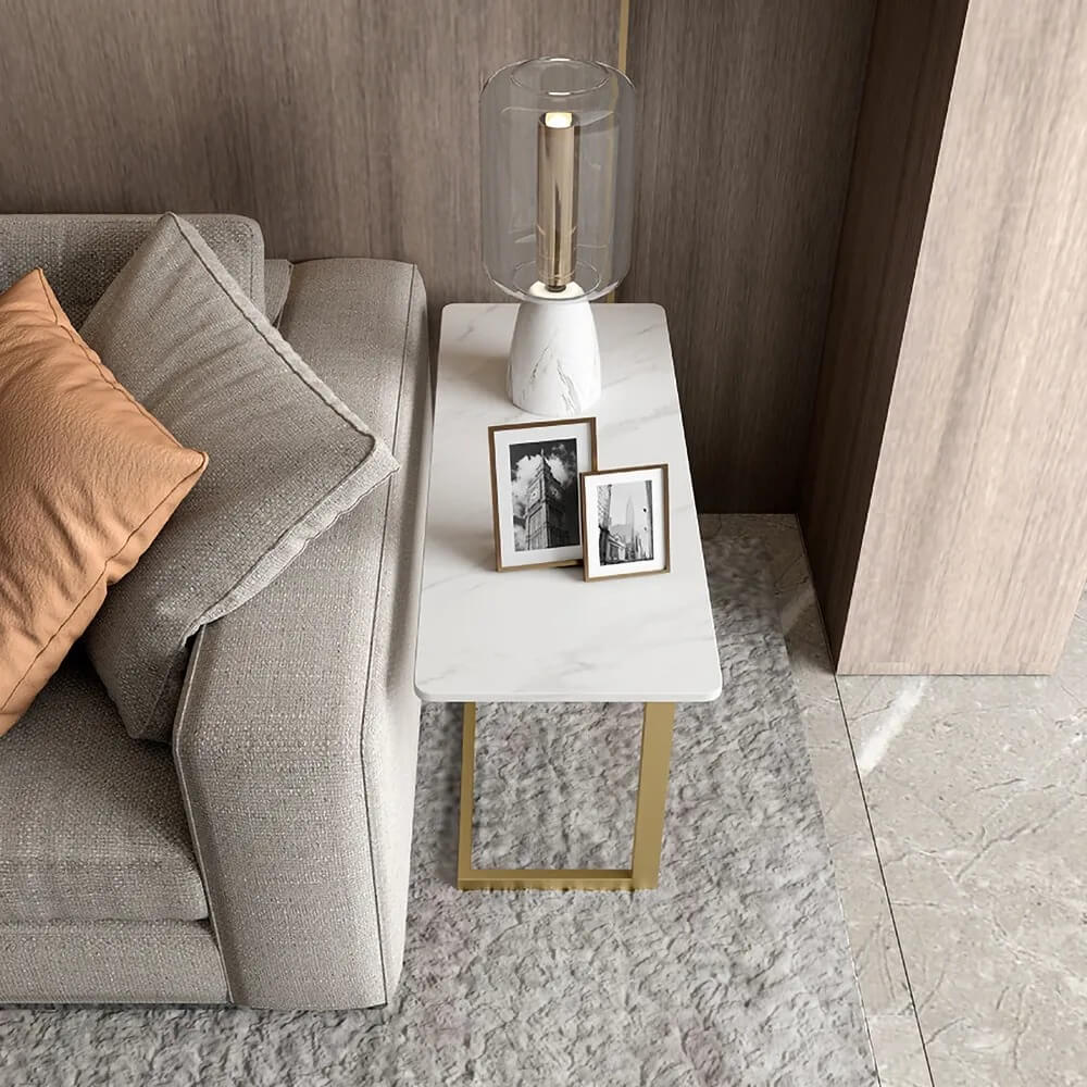 Modern White Sintered Stone Side Table With Gold Metal Base