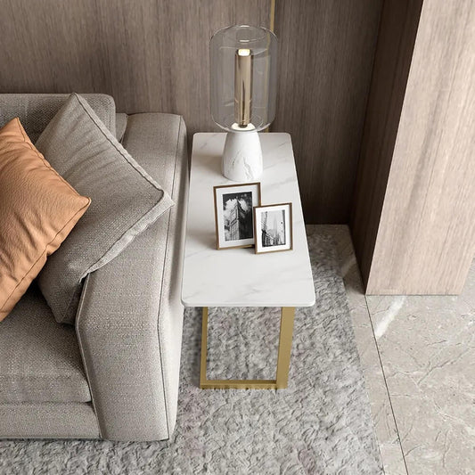 Modern White Sintered Stone Side Table With Gold Metal Base