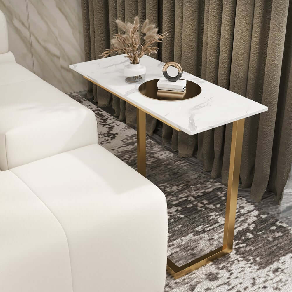 Modern White Sintered Stone Side Table With Gold Metal Base