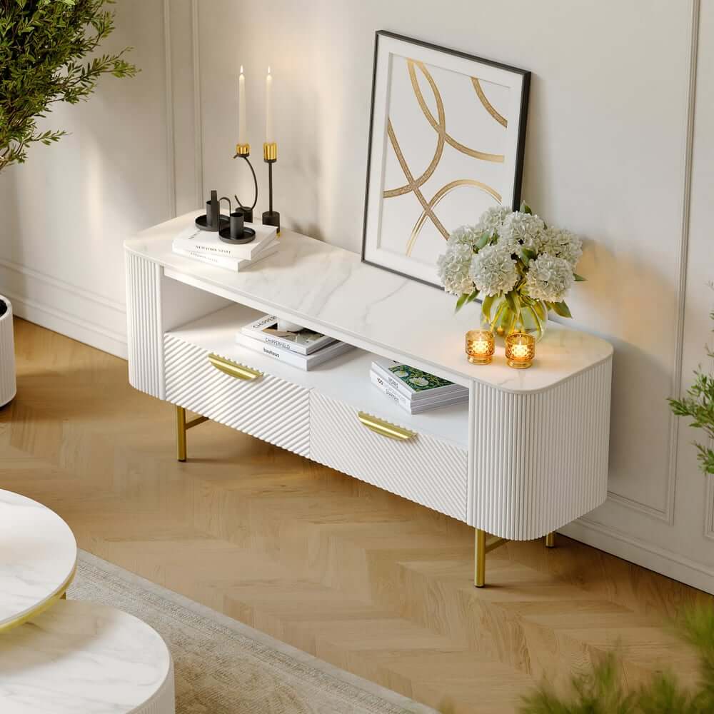 Modern White Sintered Stone TV Stand With Drawers
