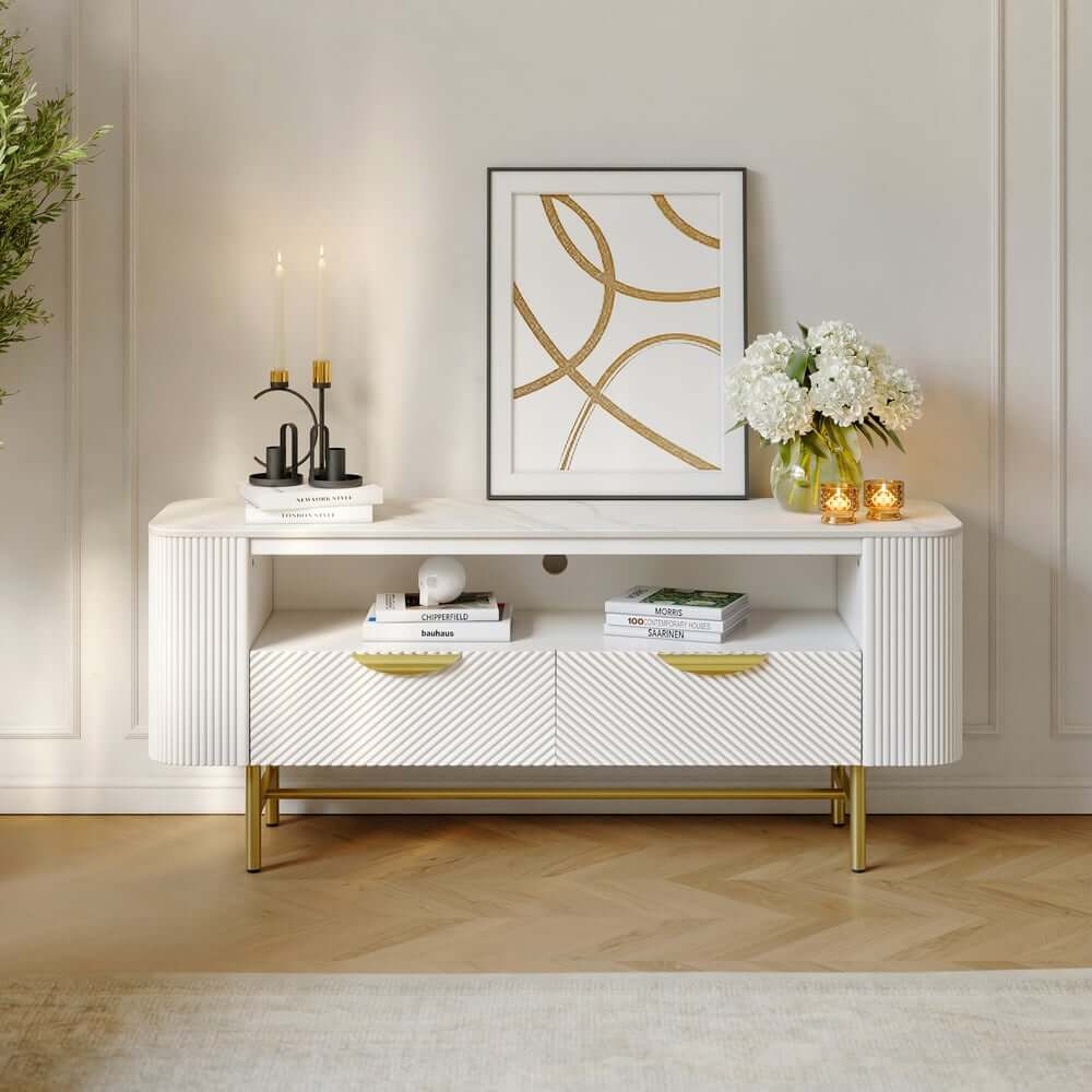 Modern White Sintered Stone TV Stand With Drawers Main Product Image