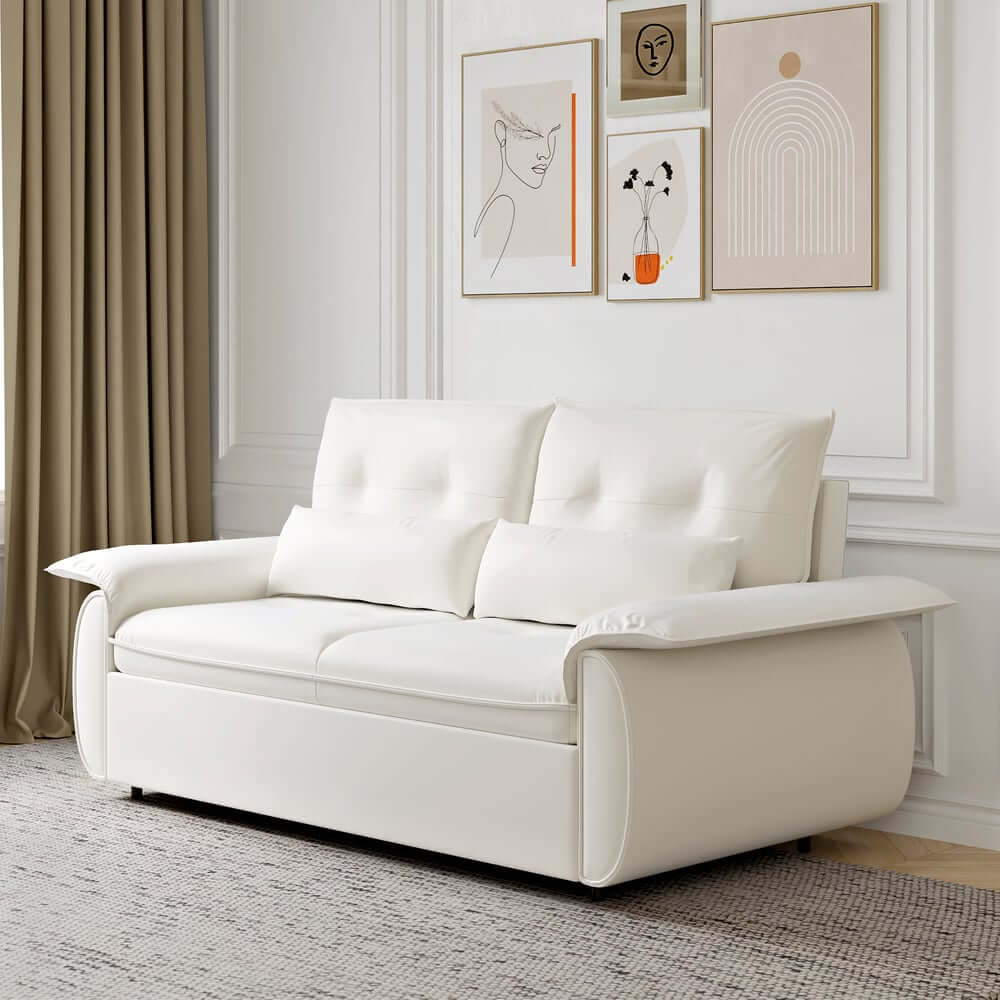 Modern White Sofa Bed With Pull Out And Flared Arms