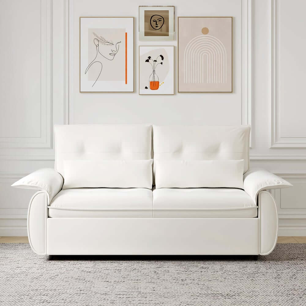 Modern White Sofa Bed With Pull Out And Flared Arms